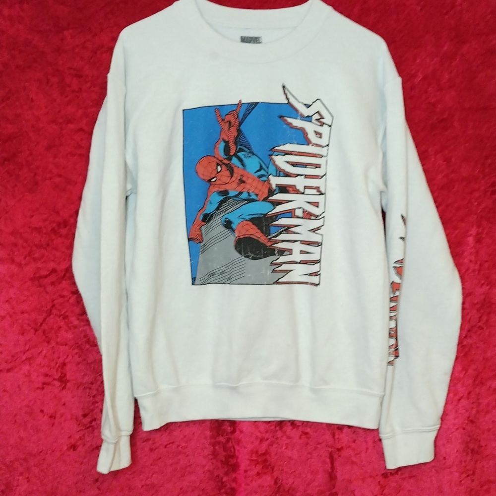 Marvel Spider-Man white graphic sweatshirt long sleeve crew neck men's small